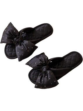 Bridal Slippers Black Polyester Bow Elegant Rhinestone Flat Wedding Slides